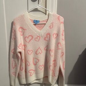 CeCe White and Pink Heart V-Neck Sweater